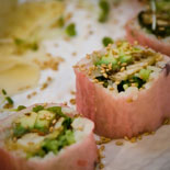 Sampling Japanese spider roll on W. 3rd Street